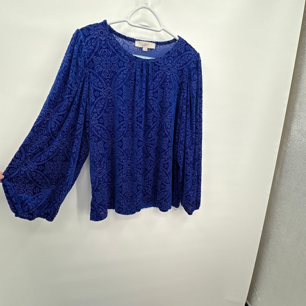 LOFT Royal Blue Velvet Burnout Damask Balloon Sleeve Blouse Top Large - Picture 3 of 11